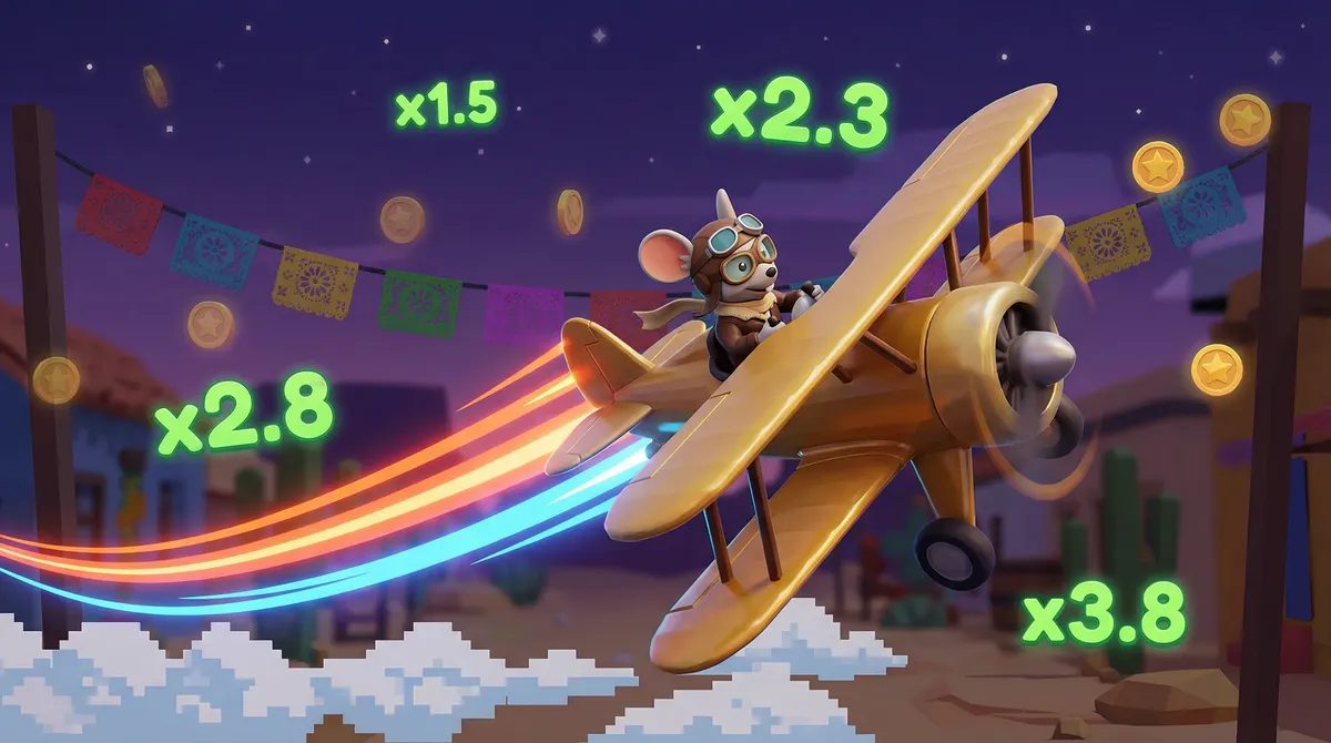 Juego Aviator con Super Ratón piloto volando avión con multiplicadores