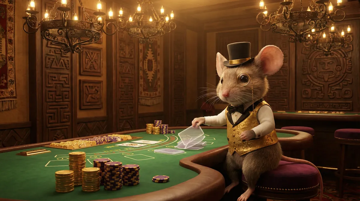 Mesa de bacará con crupier Super Ratón elegante repartiendo cartas