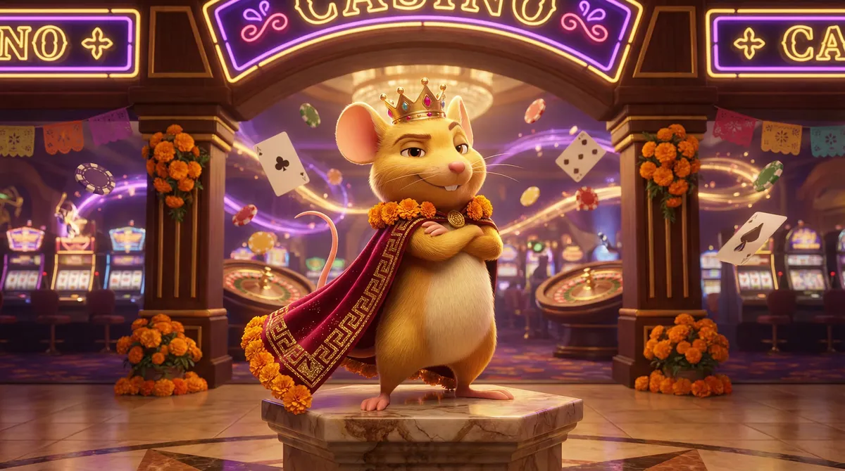 Mascota Super Ratón de Borgata Casino en ambiente de casino mexicano con tragamonedas y ruleta