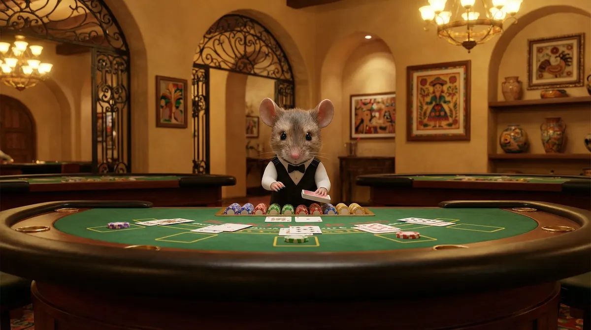 Mesa de blackjack con crupier Super Ratón repartiendo cartas en casino mexicano