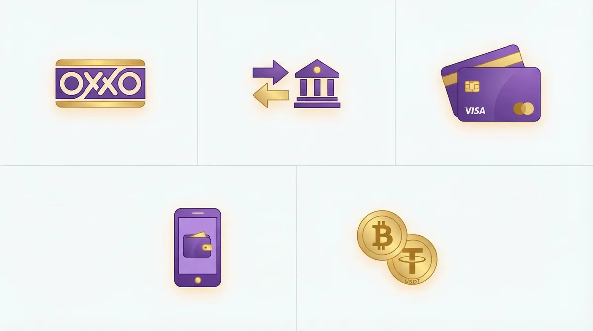 Iconos de métodos de pago mexicanos incluyendo OXXO, SPEI, tarjetas y criptomonedas