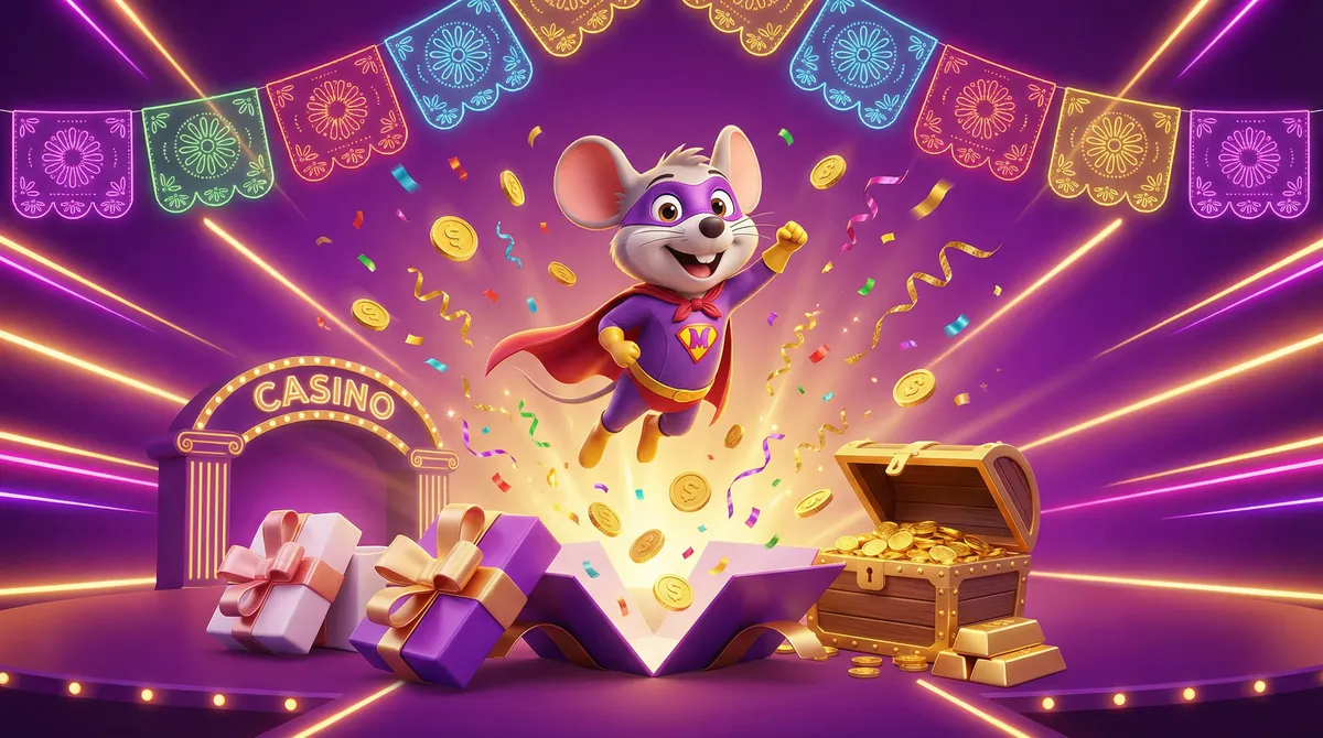 Promoción de bienvenida de Borgata Casino con Super Ratón celebrando bonos y premios