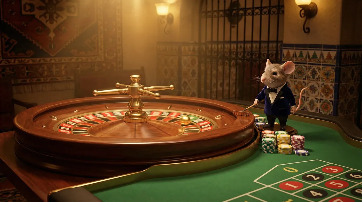 Ruleta de casino con crupier Super Ratón y fichas en ambiente elegante mexicano