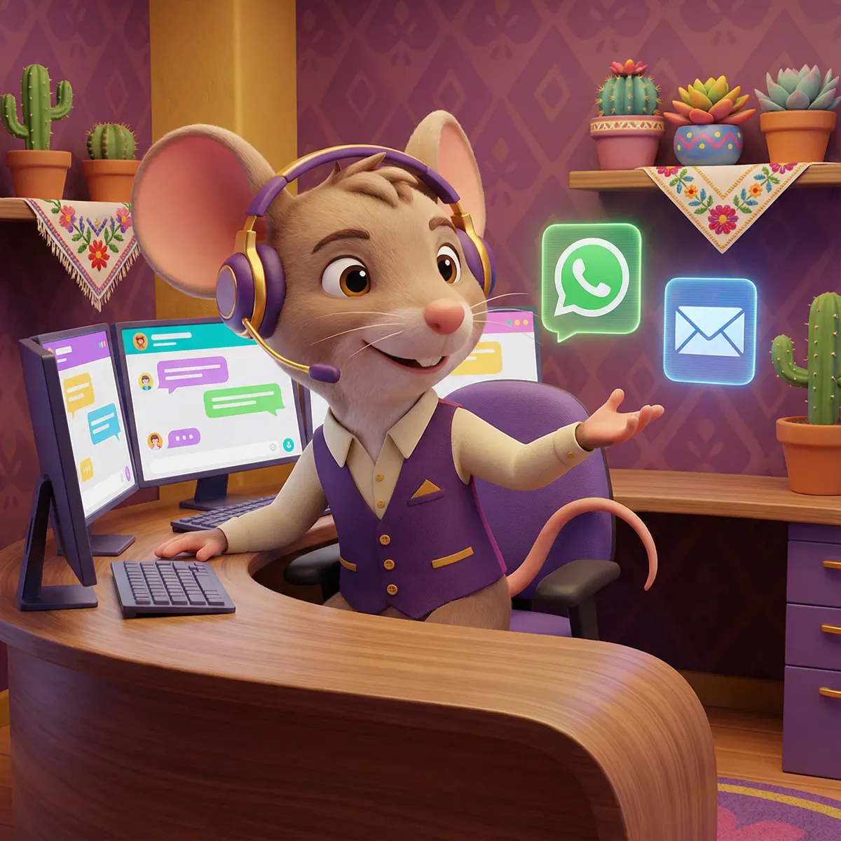 Agente de soporte Super Ratón con audífonos atendiendo clientes por WhatsApp y correo